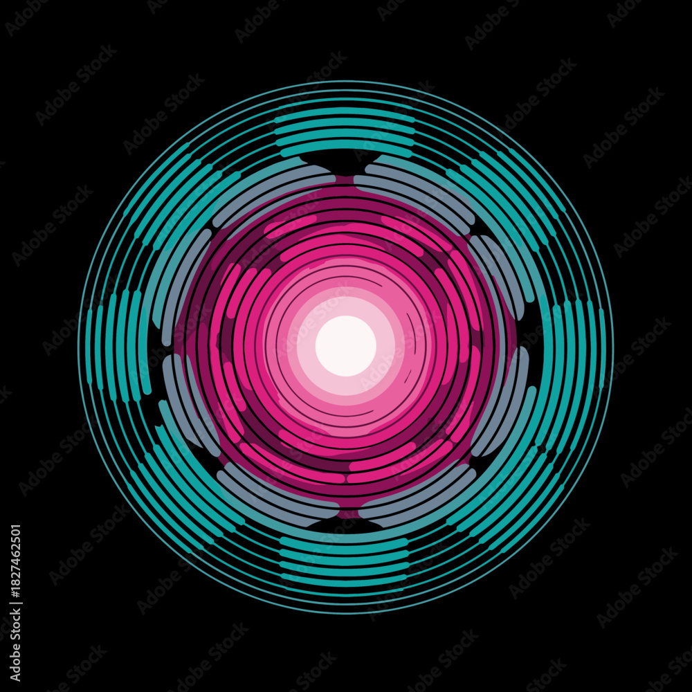 Fototapeta premium A captivating abstract circular design features concentric rings of vibrant magenta and teal segments radiating from a bright central light, evoking digital energy.