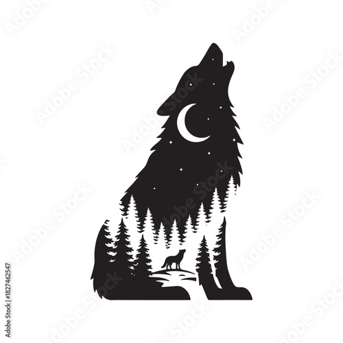 Wolf Silhouette Vector with Double Exposure Night Forest Landscape, Moon, and Stars

