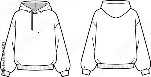 CAD drawing flat vector illustration of hoodie front and back view, center hood seam, ribbed cuffs, oversized sleeves