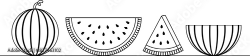 Watermelon Line Art Illustration – Whole, Half, Slice & Bowl – Isolated on Transparent Background – Black and White Fruit Outline Drawing