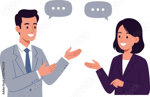 Businessman and businesswoman smiling while talking, professional communication, office discussion, teamwork collaboration, positive interaction, corporate meeting, confident conversation