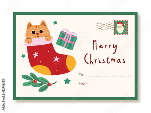 Christmas Postcard Cat in Sock Decoration Illustration