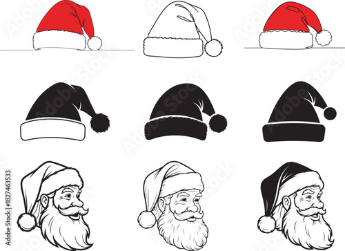 Santa claus head illustration with hat and beard, Santa Claus hat line art for Christmas,Christmas hat silhouette,