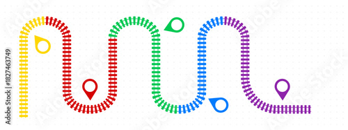 Top view railway network infographic showing train station connections and track routes. Vector illustration of railroad map with journey timeline, cargo logistics paths