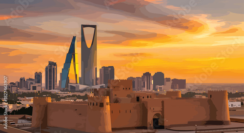 Riyadh city skyline with ancient fortress and modern skyscrapers at sunset, Saudi Arabia cityscape illustration