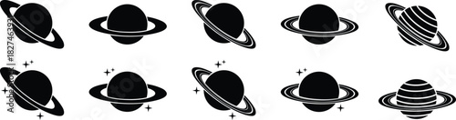 Planet and Saturn icons set, collection and group of space ringed planet symbols, astronomy galaxy elements, flat style, line style gradient vector illustration isolated on transparent background
