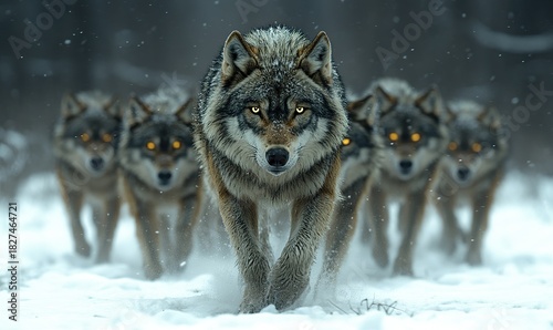 Powerful gray wolf with glowing eyes leads its pack through a snowy winter.