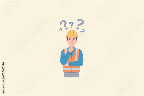 A construction worker wearing a yellow hard hat and orange safety vest stands with a puzzled expression, one hand on his chin, surrounded by floating question marks that emphasize his confusion. 