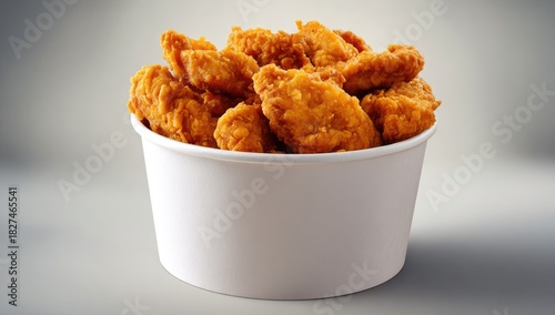 Crispy fried chicken pieces in a white paper container