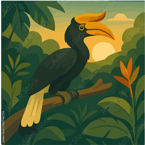 Hornbill Bird Perched On Branch In Tropical Jungle Illustration