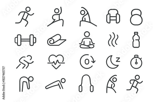 Fitness and Gym Workout Line Icon Set for Sports Training and Healthy Lifestyle