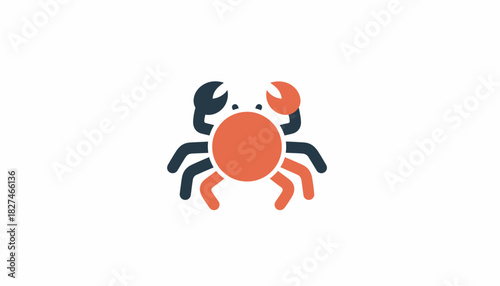 A stylized illustration of a crab, featuring a round orange body and dark blue claws.
