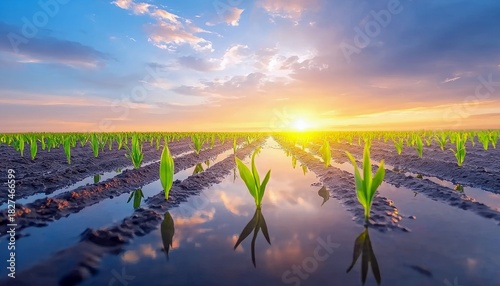Young corn sprouts grow in dark soil rows, reflecting in the water from irrigation, under a vibrant sunset sky with clouds.