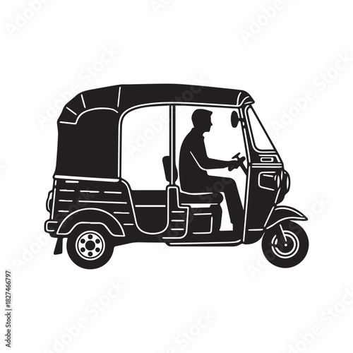 Auto Rickshaw Silhouette Vector Illustration with Driver. Side View of Traditional Asian Tuk Tuk Taxi Transport.
