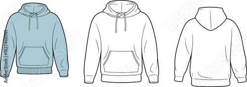 CAD drawing flat vector illustration of hoodie front and back view, colored version, line sketch, kangaroo pocket, drawstring hood design