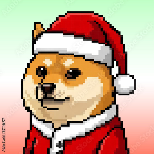 Cute pixel art Shiba Inu dog in a festive Santa Claus costume