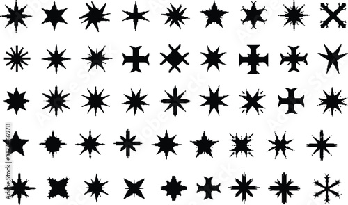 A large collection of fifty black starburst, star, and cross shapes with textured edges on a white background