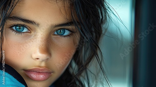 Close-up portrait of a young girl with captivating blue eyes, a sprinkle of freckles across her nose and cheeks, and dark, slightly windswept hair. The lighting