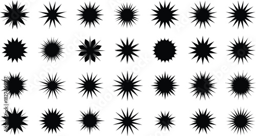 A grid of twenty-four black starburst shapes with sharp, pointed rays on a white background
