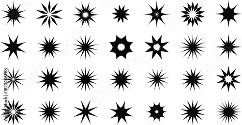 A grid of thirty-two black starburst and star shapes with varying numbers of points and styles