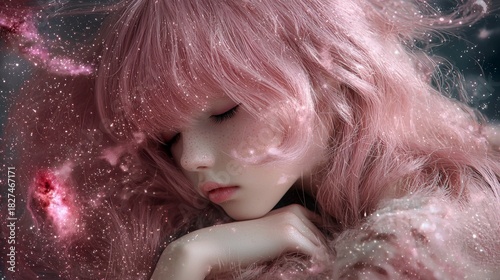 A young adult woman with long, wavy pink hair sleeps peacefully, her eyes closed. She is surrounded by a dreamy, cosmic scene filled with sparkling stars and pi