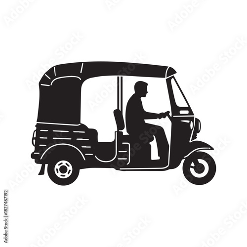 Auto Rickshaw Silhouette Vector Illustration with Driver. Side View of Traditional Asian Tuk Tuk Taxi Transport.
