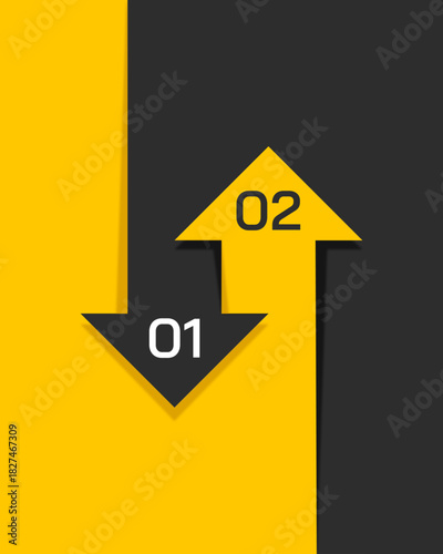 Two Steps Business Infographic with Up and Down Arrows on Yellow and Black Background. Vector illustration.