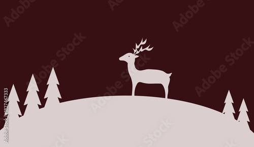 Serene Stag Silhouette: A minimalist illustration of a stag stands proudly amidst snow-covered evergreen trees, set against a rich, inviting background, evoking a sense of calm and winter tranquility.