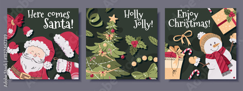 Festive Square Christmas Cards Set with Santa, Snowman, Christmas Tree with Various Decorations and Gifts. Perfect for Holiday Posters, Seasonal Banners, Social Media Posts and Christmas Party