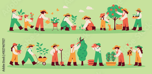 Illustration set of people enjoying gardening