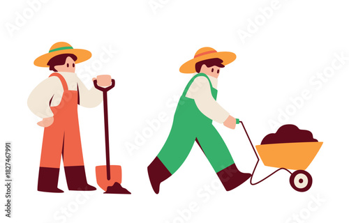 Illustration of a person holding a shovel and a person carrying soil