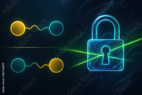 Abstract representation of quantum entanglement and cybersecurity with brightly colored elements, depicting safety and connection through advanced technology and visual complexity