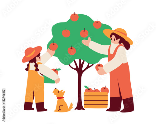 Illustration of a parent and child harvesting fruit