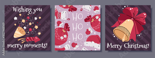 Festive Square Christmas Cards Set with Holiday Bell, Party Poppers, Confetti and Santa Accessories. Perfect for Seasonal Posters, Party Invitations, Social Media Posts and Christmas Designs