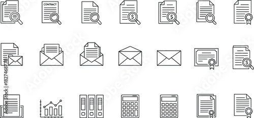 Office icons, document management, financial reports, contract symbols, envelope graphics, data analysis, calculator, certificate, flat design, vector illustration