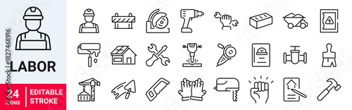 Labor web line editable icon set. Contains icons related to labor, construction, labour day, renovation, and more. Vector illustration.