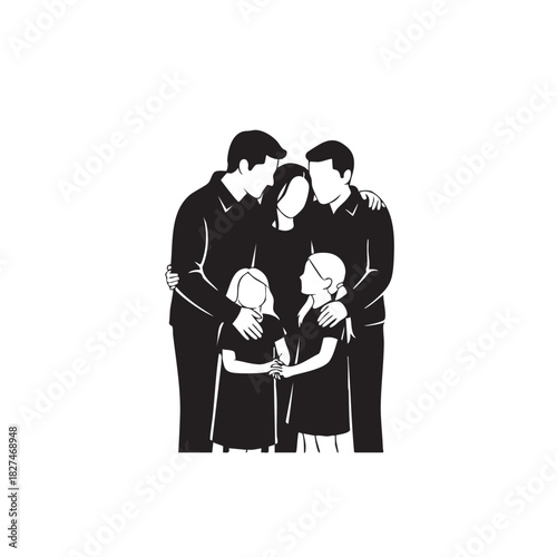 Happy family group portrait silhouette of father, mother, and two daughters together, hugging and showing affection, symbol of togetherness and loving bond