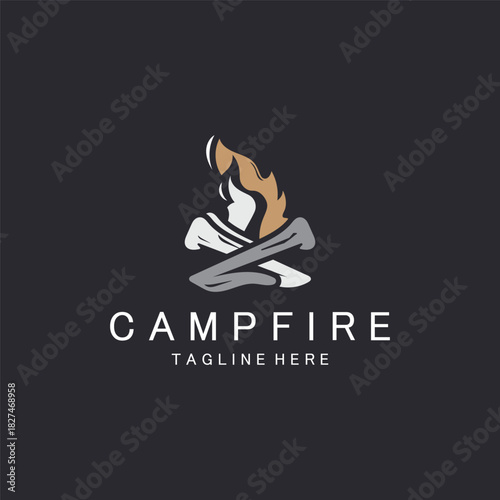 Campfire logo Vintage adventure Wildlife design camping wood fire illustration template