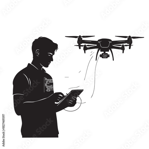 Man controlling drone vector silhouette illustration pilot operating unmanned aerial vehicle with tablet
