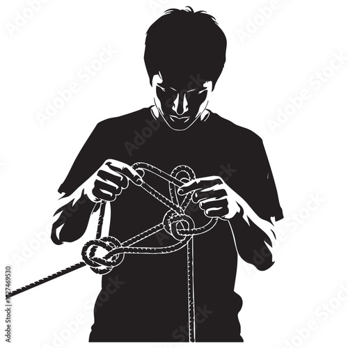 Silhouette man hands solving complex rope knot puzzle challenges patience problem-solving skill black and white vector graphic design