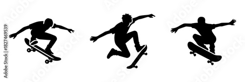 Skateboarder Silhouette Action Sequence: Aerial Tricks and Stunts.