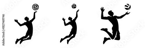 Volleyball Players Silhouettes in Action: Spiking Jumping and Serving.