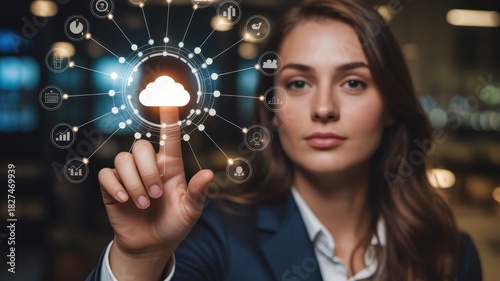 Businesswoman interacts with glowing digital interface representing centralized data storage and network connectivity