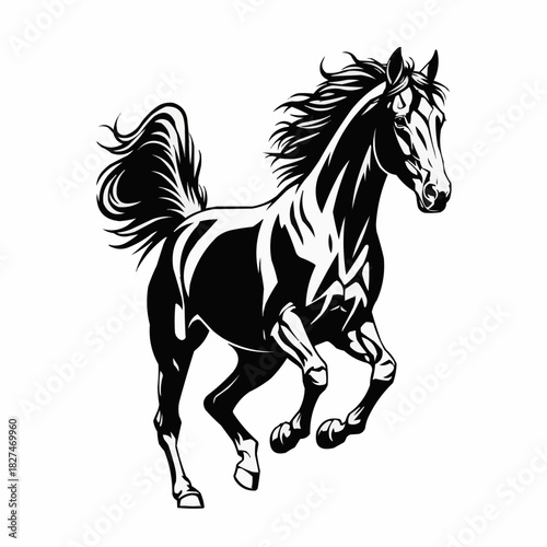 Majestic Horse Galloping - A Striking Black and White Illustration.