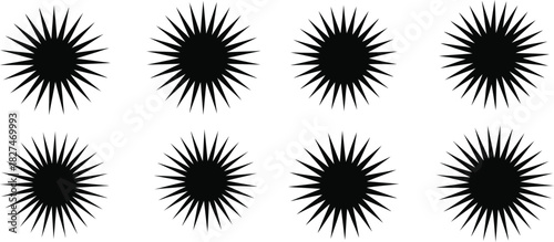 Eight Black Starburst Geometric Shapes Arranged in a Grid on a White Background pattern