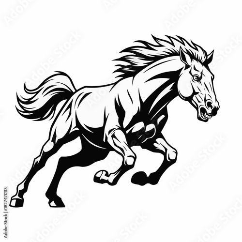 Powerful Galloping Horse Black and White Illustration.