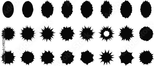 Sequence of Black Spiky Starburst Shapes on White Background jagged irregular
