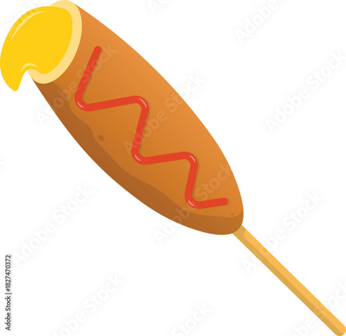 Corndog with Melted Cheese and Ketchup Flat Illustration. Clean Icon Design Element on Isolated White Background