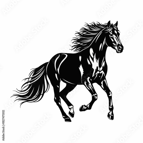 Stylized black horse running with a flowing mane.
