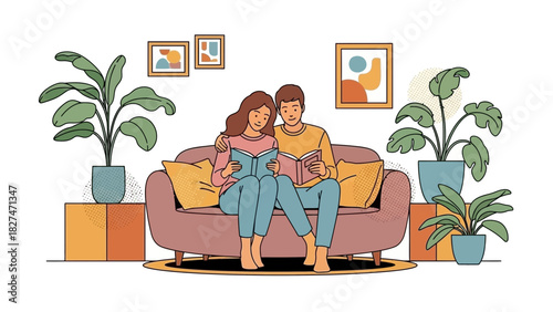Couple reading books together on sofa, surrounded by plants, enjoying quiet time in their modern home, fostering connection and relaxation, lifestyle scene